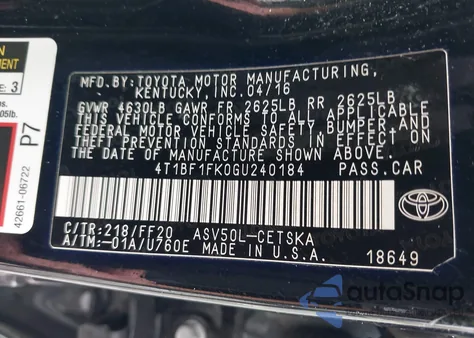 2016 Toyota Camry Se z USA, uszkodzony, nr VIN 4T1BF1FK0GU240184